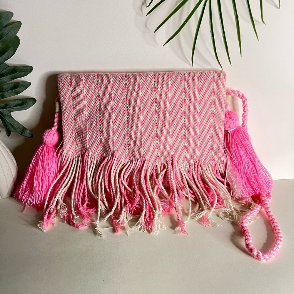 Baby Pink Geometric Fringe Shoulder Bag - Flirty Pink Wayuu Hippie Crossbody Bag